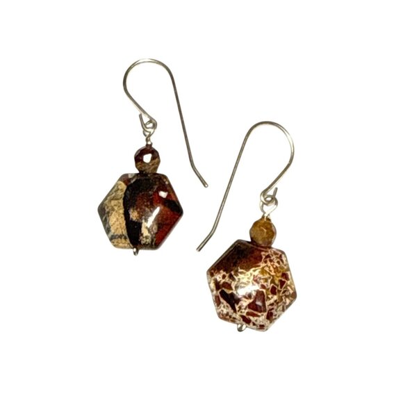 Hexagon Jasper Stone Dangle Earrings Handmade Brown Gemstone Jewelry - Picture 5 of 8